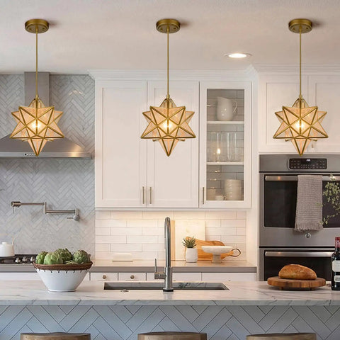 Brass Moravian Star Pendant Light With Seeded Glass Shade 11 Inch Ceiling Fixture For Living Room Boho Modern Rustic Vibe in kitchen