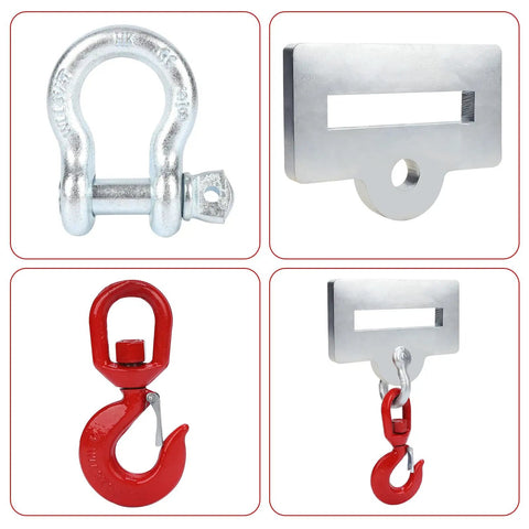 Heavy Duty Forklift Lifting Hook Attachment Single Fork Mount with multi-angle view showcasing 360 swivel and hooks.