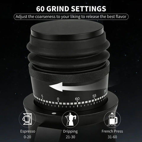 Heavy Duty Electric Burr Coffee Grinder With Sixty Fine Adjustments And 48 Millimeter Conical Steel Burrs showing 60 grind settings dial