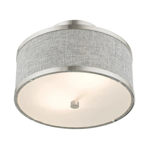 Two Light Brushed Nickel Semi Flush Ceiling Light With Gray Fabric Hardback Shade 11x11x8 Inches Requires 2 40W Medium Base Bulbs
