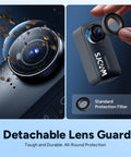 Close-up of 4K Mini POV Action Camera with 170 Degree Ultra Wide Lens and detachable lens guard shown with standard protection filter.