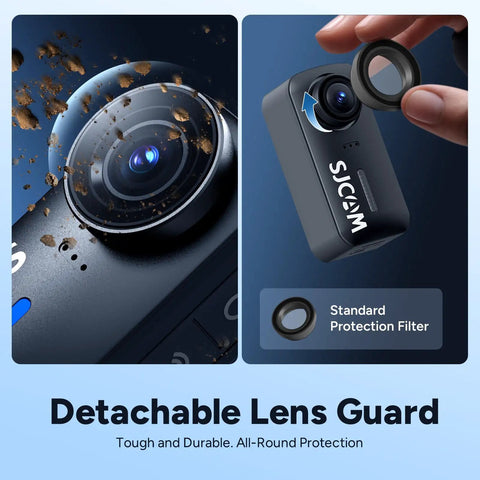 Close-up of 4K Action Camera Kit With 128GB Card, showing the detachable lens guard and protection filter for the camera.