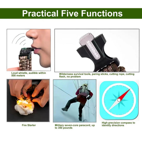 Four Pack Multi Color Paracord Survival Bracelets Five In One Kit with whistle, fire starter, compass, scraper, and paracord functions.