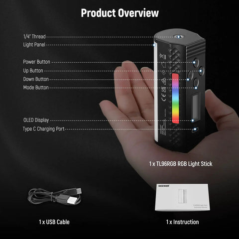 Hand holding Magnetic Handheld RGB Light Wand With 360 Degree Color, showing buttons and ports, USB cable and instructions visible.
