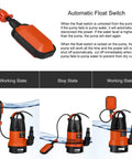 Image of an orange 1HP Submersible Sump Pump With Automatic Float Switch, 3700GPH Clean Or Dirty Water Pump showing working and stop states.