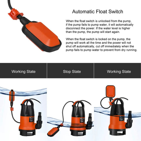 Image of an orange 1HP Submersible Sump Pump With Automatic Float Switch, 3700GPH Clean Or Dirty Water Pump showing working and stop states.