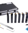 Three Quarter Inch Shank Seven Piece Indexable Turning Tool Set With Extra Inserts TiN Coated C6 Carbide Inserts Positive Rake With Chipbreakers For Turning Carbon And Alloy Steels, shown with case and additional components.