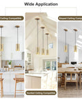 Adjustable Gold Pendant Light Fixtures for kitchen islands with flat, vaulted, and sloped ceilings in modern settings.