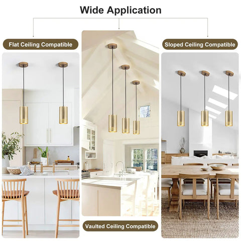 Adjustable Gold Pendant Light Fixtures for kitchen islands with flat, vaulted, and sloped ceilings in modern settings.