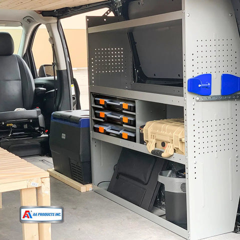 Interior of van showing Stackable Hardware Tote Shelf Kit for Van Shelving Includes Three Plastic Organizer Totes and Holder