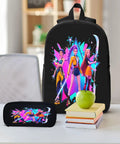 Backpack with vibrant animation print on a table, next to a pencil case featuring similar artwork, with a stack of books and an apple.