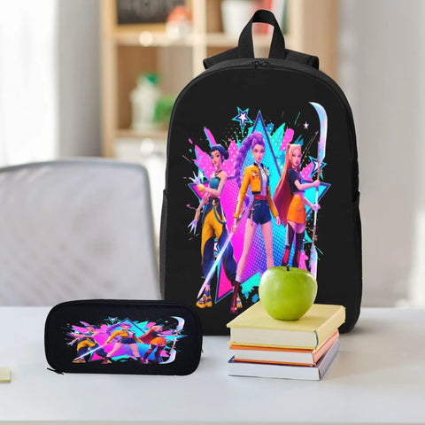 Backpack with vibrant animation print on a table, next to a pencil case featuring similar artwork, with a stack of books and an apple.