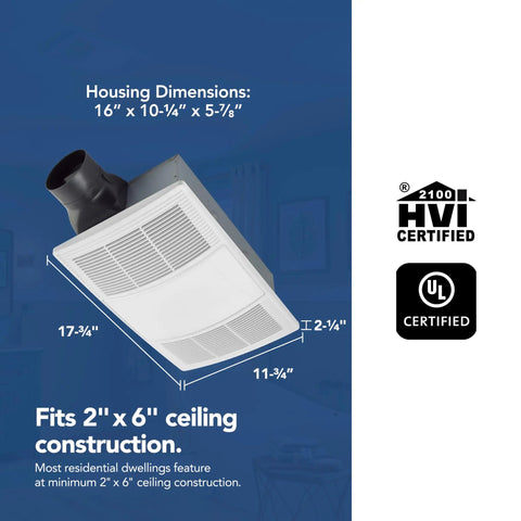 PowerHeat Bathroom Exhaust Fan and Heater Non Lit, 80 CFM, 1300 Watt Heater, White Grille, housing dimensions shown