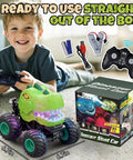 Boy playing with Rad Dinosaur Monster Truck Remote Control Car With Spray Lights And Music, Three Dope Stunts, 50 Minute Runtime
