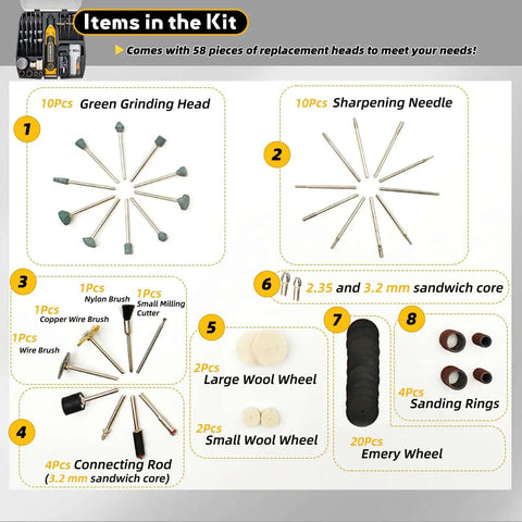 All In One Resin Sanding And Polishing Kit For 3D Printed Models includes 58 attachments like grinding heads, wool wheels, and sandpaper.