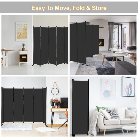 Six Panel Folding Privacy Screen, 9 Feet Wide By 6 Feet Tall, Portable Room Divider For Office Or Home, Black, in various setups