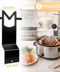 Premium Stainless Steel Slow Cooker Lid Holder And Crock Pot Stand Rack displaying dimensions near a crockpot with vegetables.