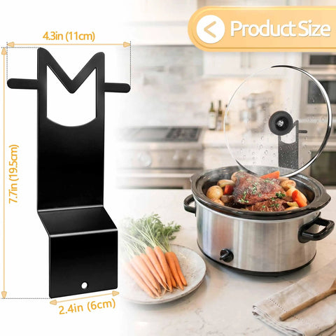 Premium Stainless Steel Slow Cooker Lid Holder And Crock Pot Stand Rack displaying dimensions near a crockpot with vegetables.