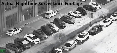 Actual nighttime surveillance footage showcasing various parked cars captured with Built Tough 3.6mm 5MP Fixed Focus M12 Board Lens Offering Killer 160 Degree Wide Angle Coverage For IP Security Cameras And Industrial Surveillance Systems.