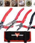 4-Piece Screw Extractor Pliers Set With Tool Pouch For Auto And Home Projects Includes 8 Inch Lineman, 7.5 Inch Long Nose, 6.25 Inch Combination, 5 Inch ESD Safe Mini Pliers