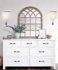 Bohemian Wood Beaded Wall Sconces Two Pack White Finish above dresser with mirror and decor in cozy bedroom setting