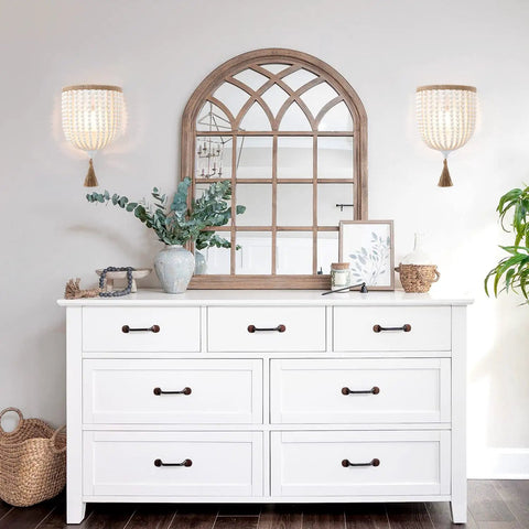 Bohemian Wood Beaded Wall Sconces Two Pack White Finish above dresser with mirror and decor in cozy bedroom setting