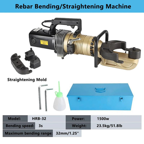 Heavy Duty Electric Rebar Bender With 1.5KW Power Bends Steel Bars Up To 1.25 Inch Fast In Seconds Adjustable Angle Control For Construction Sites with storage box and tools.