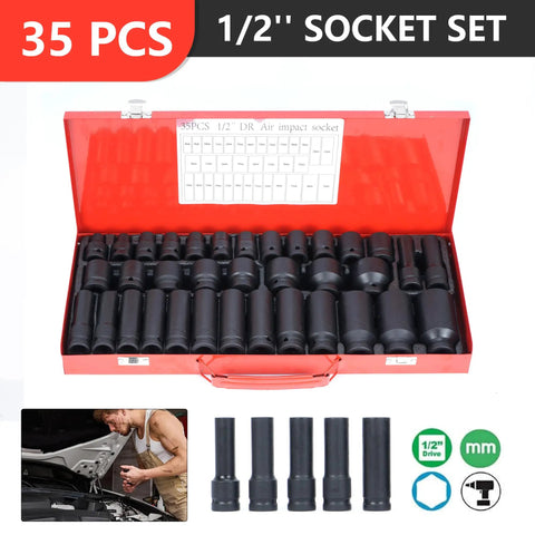 35-Piece 1/2 Inch Drive Deep Impact Socket Set With 6-Point Sockets, Heavy Duty Spindle And Axle Nut Kit, Deep Length 38mm And 78mm, Garage Ready For Car Auto Truck Repairs