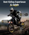 Rider on 3500W Peak Electric Dirt Bike for Teens and Adults, showcasing hydraulic brake and shock absorb features, off-road terrain.