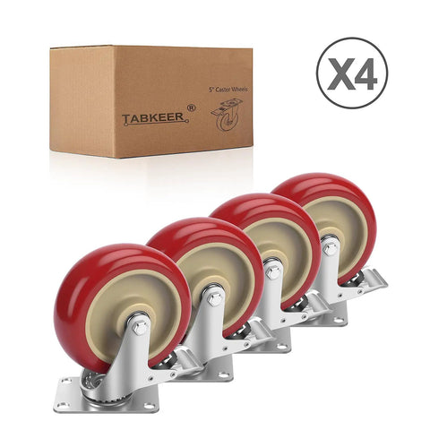 Heavy Duty 5 Inch Swivel Caster Wheels With Brakes Set Of 4 Locking Casters For Tables Trailers Saw Tables Stages Beds And More Load Capacity 2400lbs Premium Polyurethane Wheels Smooth Quiet 360 Degree Rotation, red polyurethane wheels in front of box marked 5" caster wheels, X4 symbol