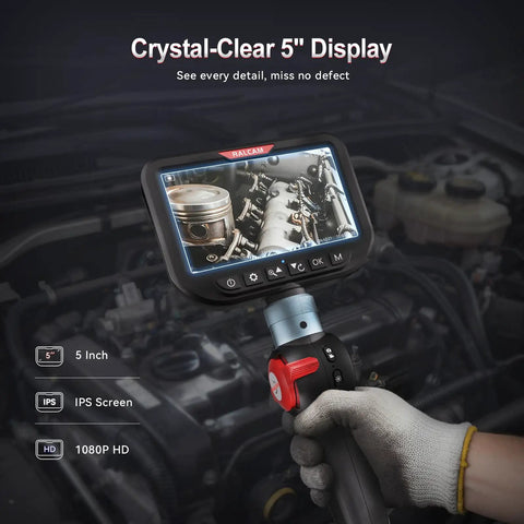 Dual Lens Articulating Borescope Camera With Light, Slim 8.5mm Probe For Tight Spaces, 10ft SemiRigid Cable, Waterproof Inspection Tool For Engines, Pipes, And Machinery Gaps, Fast Access And Crystal Clear View. 5-inch IPS screen in engine bay