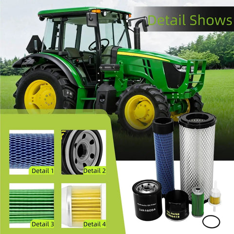 Air Filter Maintenance Kit Fits 2025R 2013 2018 1025R Through 2017 And 2 Series Compact Tractors With Hydraulic Oil Filter And Fuel Filter Replacement LVA21036 Easy Install next to green tractor with four filter details shown
