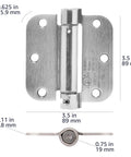 Front view of Self-Closing Door Hinge For Standard Doors Satin Nickel Finish Three And A Half Inch By Three And A Half Inch Five Eighths Inch Radius One Piece Steel Construction Hardware Included.