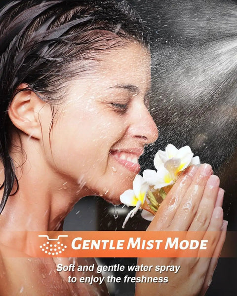 Woman enjoying gentle mist mode of Powerful Filtered Shower Head With Handheld Spray For Skin And Hair Care, smiling with flowers