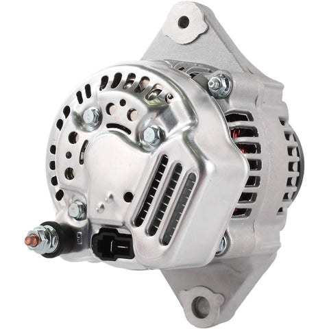 Road Ready 12 Volt 125 Amp Alternator For Kubota UTV With Internal Regulator And Integrated Cooling Fan, silver metal body, side view.