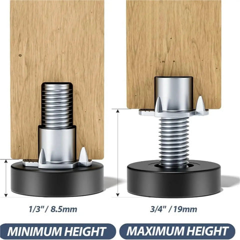 Adjustable Furniture Leveling Feet Set For Sofa Bed Table And Cabinet, Heavy Duty ScrewIn Leg Levelers showing height adjustment range