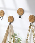 Four Pack Boho Rattan Wall Hooks Set With Distressed Wood Frames, Vintage Farmhouse Coat Rack Hangers mounted on wall