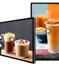 Dead Simple 21.5 Inch Commercial Led Digital Signage Display showcasing beverage promos on dual screens with video playback.