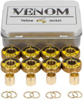Eight gold Venom Yellow Jacket skateboard bearings with washers and spacers in a metal tin.