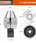 One Quarter Inch Drive Mini Damaged Bolt And Stud Extractor 51013 with three-jaw design, chrome finish, dimension details shown