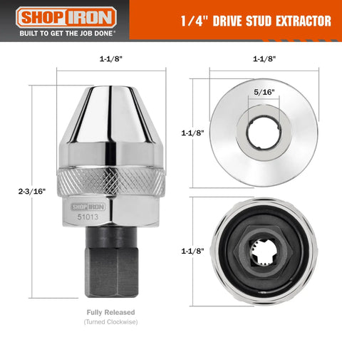 One Quarter Inch Drive Mini Damaged Bolt And Stud Extractor 51013 with three-jaw design, chrome finish, dimension details shown