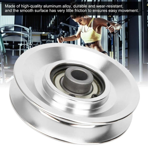 Aluminum 80mm Pulley Wheel For Cable Machines And Gym Equipment, Lightweight Smooth Running Replacement Pulley For Home Gyms, Fitness Stations, And Garage Door Systems, shown with gym cable use