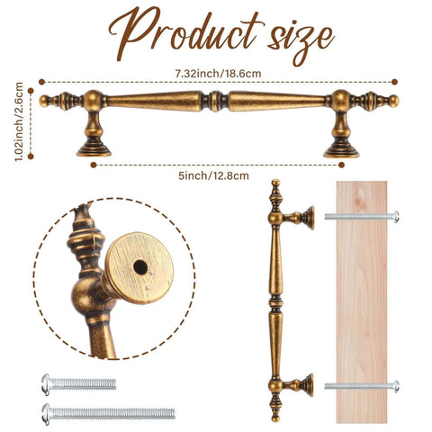 Get The Look You Want With These Super Stylish Vintage Antique Brass Cabinet Pulls That Have 5 Inch Hole Centers shown with measurements