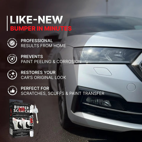Car bumper shown with All In One Car Bumper Scratch Remover Kit That Fixes Paint Transfer Scuffs And Light Scratches With A Clear Touch Up Pen Wipes And Compound For All Paint Colors Easy DIY Auto Paint Repair box.