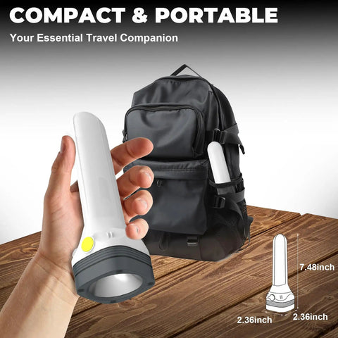 Hand holding Rechargeable All In One 2 In 1 Flashlight Lantern With 360 Degree Camping Light And Emergency Strobe next to a backpack