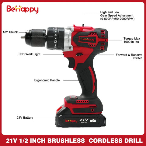 Cordless Drill Kit 21V Brushless One Half Inch Power Tool Set With One Quarter Inch Impact Driver Includes Two Batteries And Charger For DIY Projects And Quick Home Improvements For Everyday Home Renovations And Easy Quick Setup For Any Project