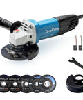 DongCheng 4-1/2 in angle grinder, blue body, side-front view with guard, handle, and disc kit.