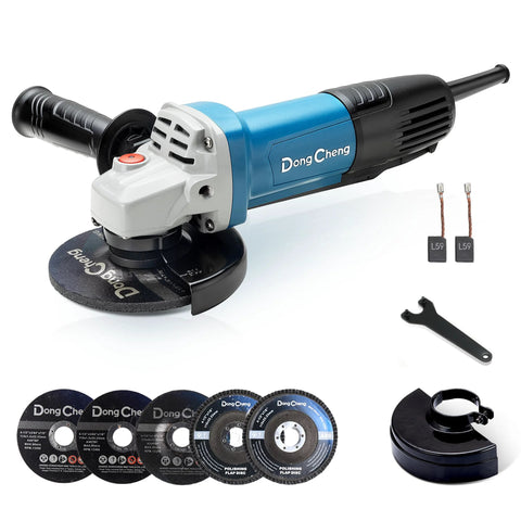 DongCheng 4-1/2 in angle grinder, blue body, side-front view with guard, handle, and disc kit.