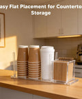 Clear Acrylic Coffee Cup And Lid Holder With Straw Organizer Five Compartment Disposable Cup Dispenser on kitchen counter