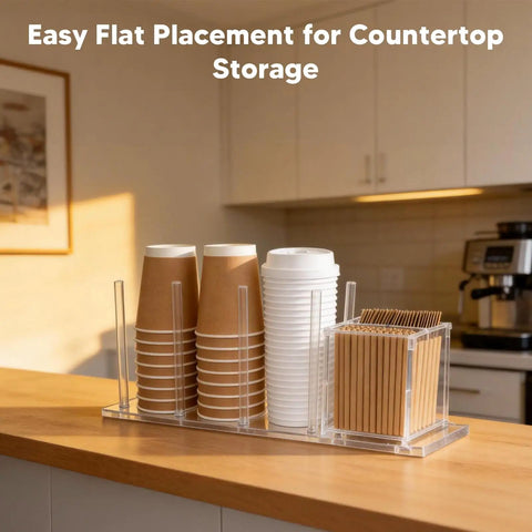 Clear Acrylic Coffee Cup And Lid Holder With Straw Organizer Five Compartment Disposable Cup Dispenser on kitchen counter